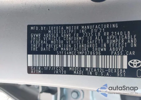 2021 Toyota Corolla Se Nightshade Edition from USA, damaged, VIN 5YFS4MCE1MP078696